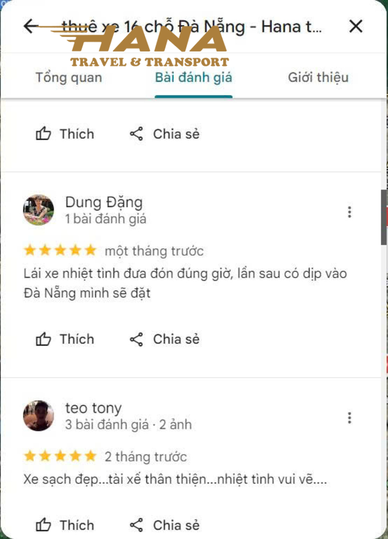 Đây là review thực tế của khách hàng khi sử dụng dịch vụ tại thuê xe Hana. Nguồn GoogleMap